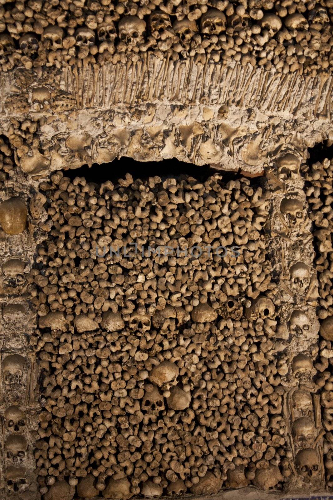 View of the interior of the Chapel of Bones, located on Evora, Portugal.