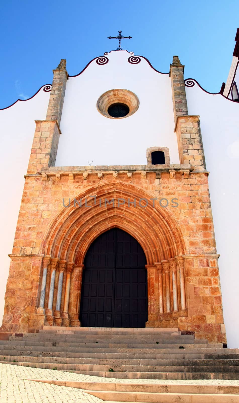 Frontal view of a gothic style church located on Silves, Portugal.