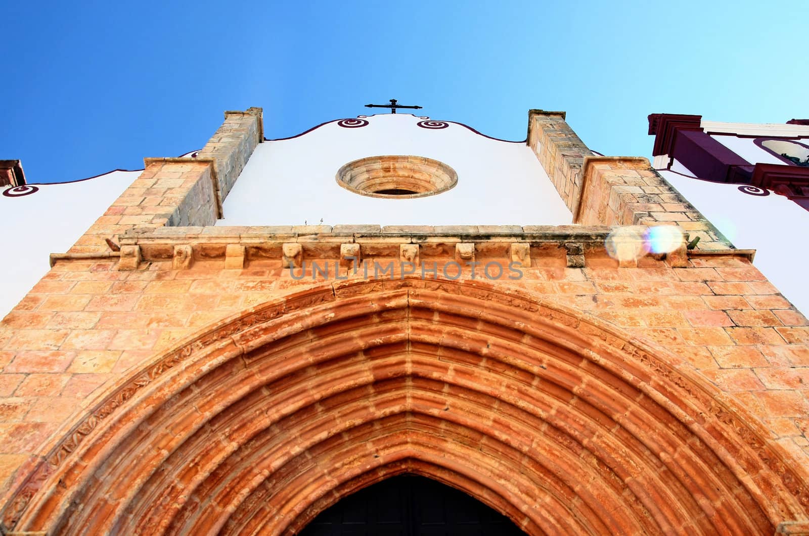 Low perspective angle of the gothic church located at Silves, Portugal.