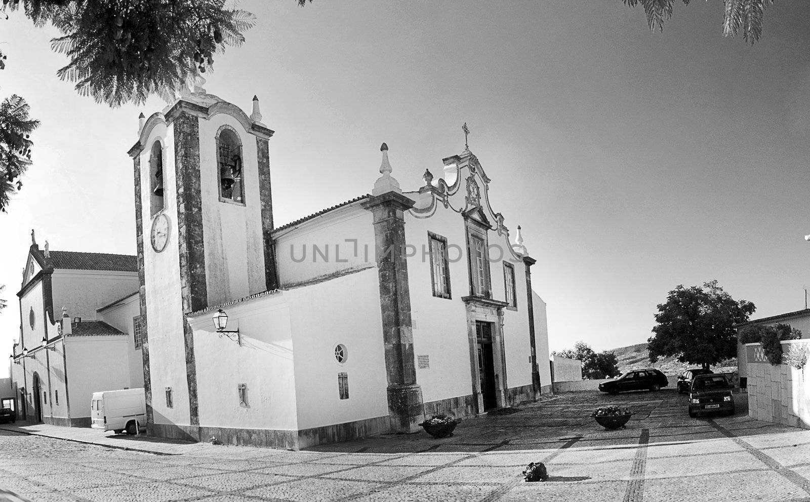 Wide view of a small church on Sao Bras de Alportel, Portugal.