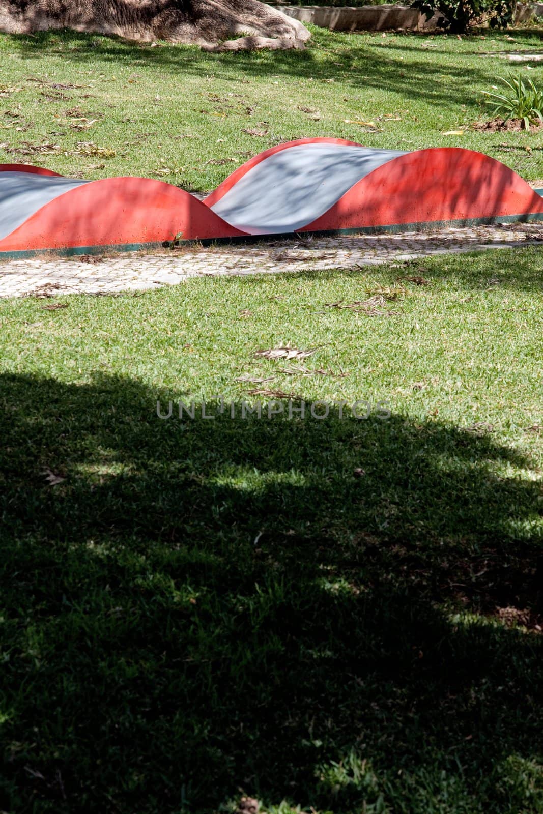 View of an equipment on a public park for the practice of mini-golf.