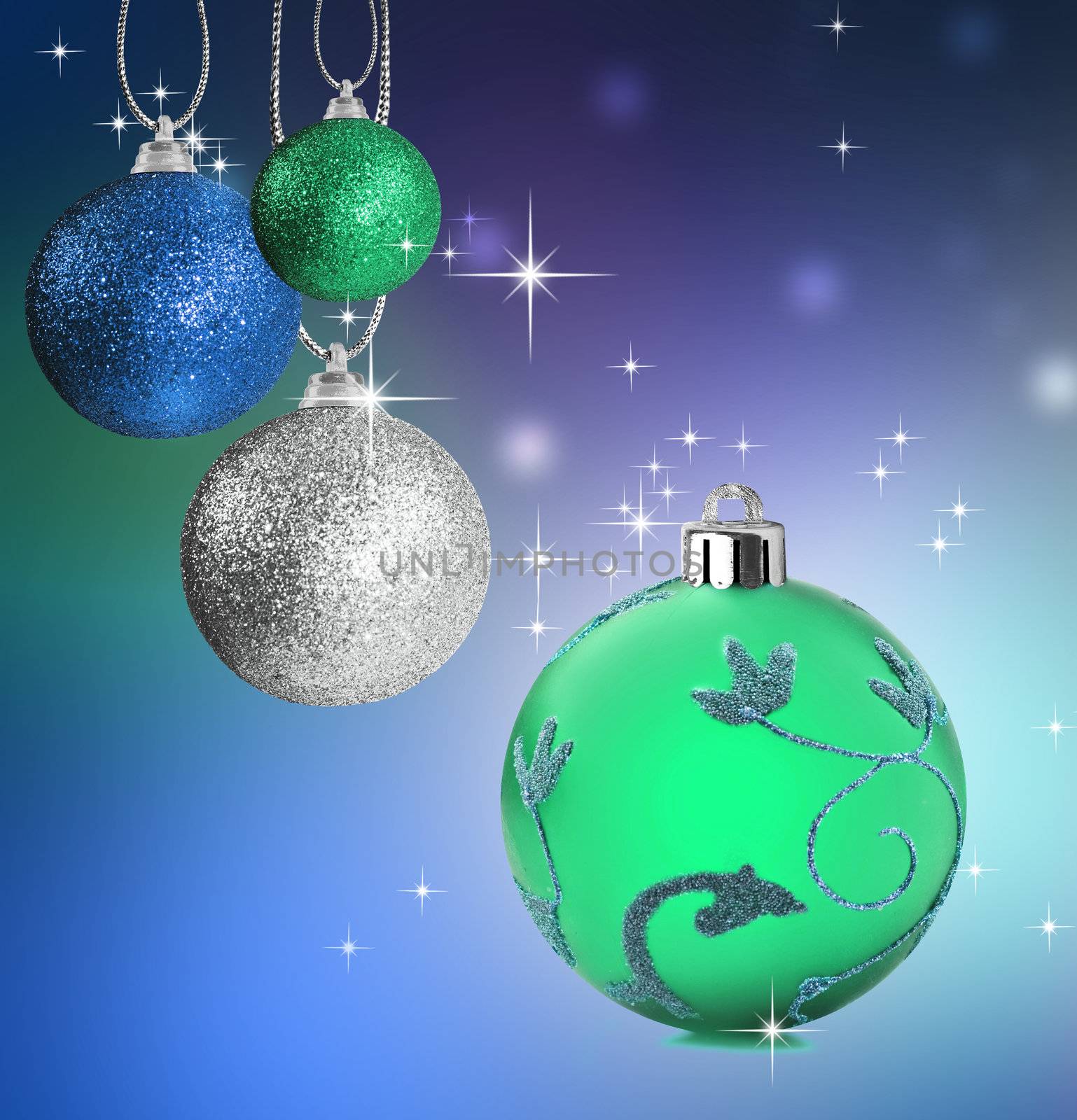 Colorful christmas bauble balls with star background by tish1