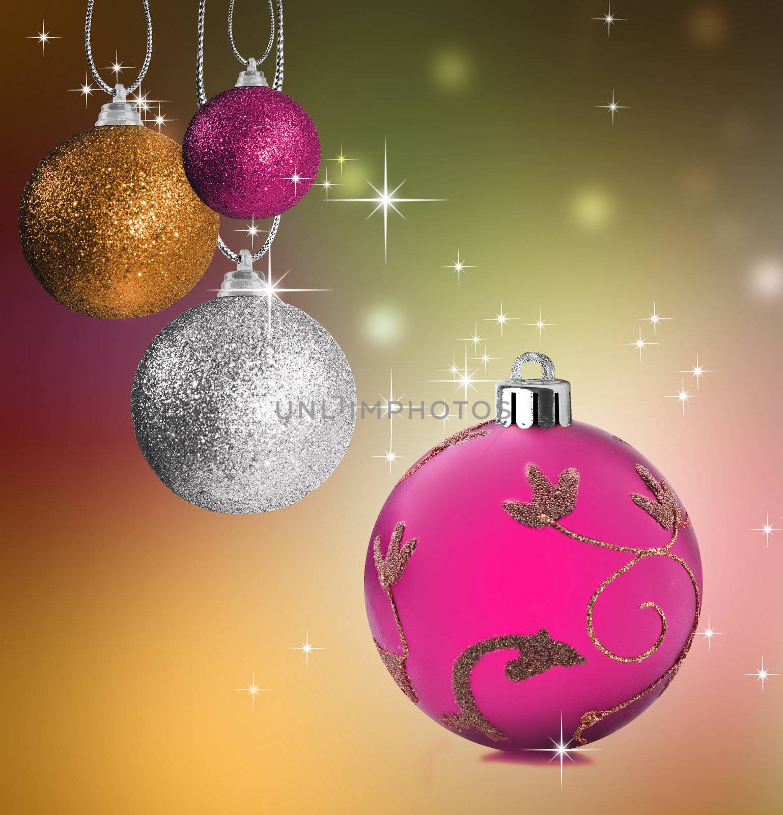 Colorful pink golf snf silver christmas baubles balls with colorful background