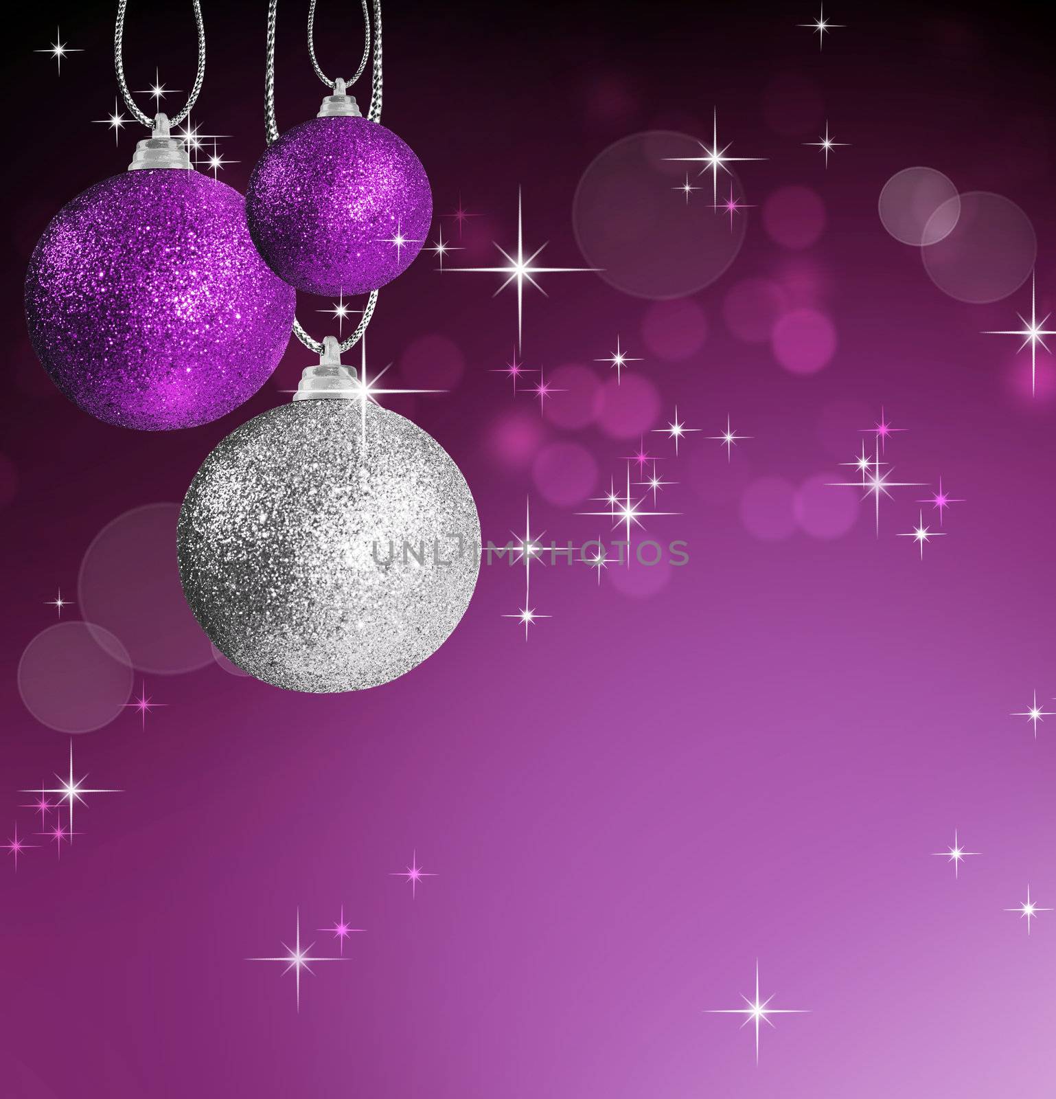 Colorful pink and silver christmas baubles balls with colorful background