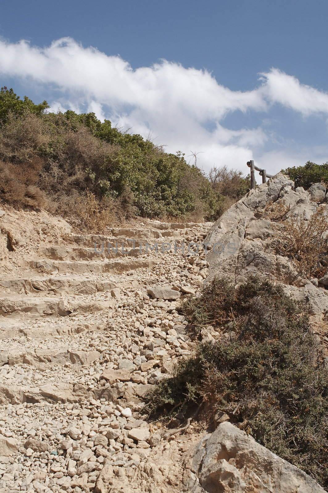 stone stairs in mountains leeding to clear sky