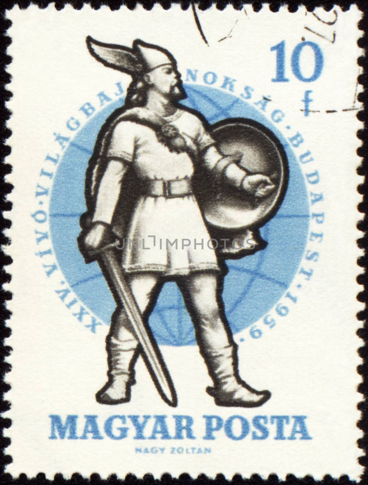 HUNGARY - CIRCA 1959: A post stamp printed in Hungary shows Warrior of 10th Century, series, circa 1959