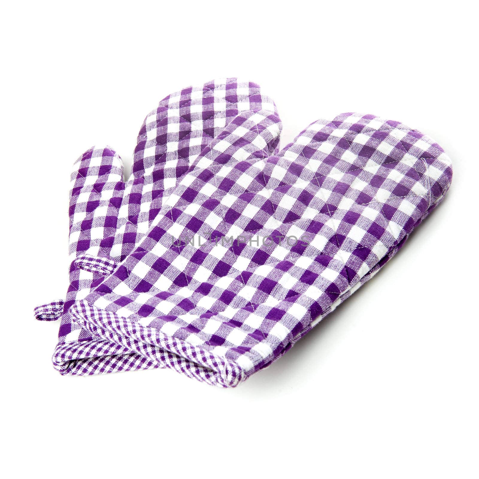 two oven gloves in purple and white