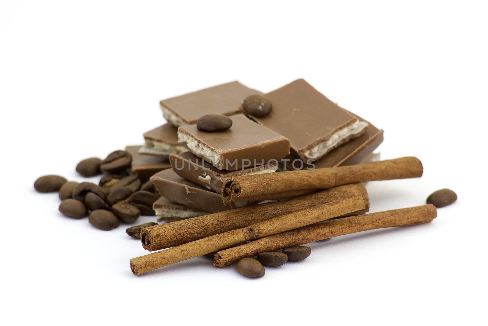 chocolate, cinnamon sticks and coffee beans