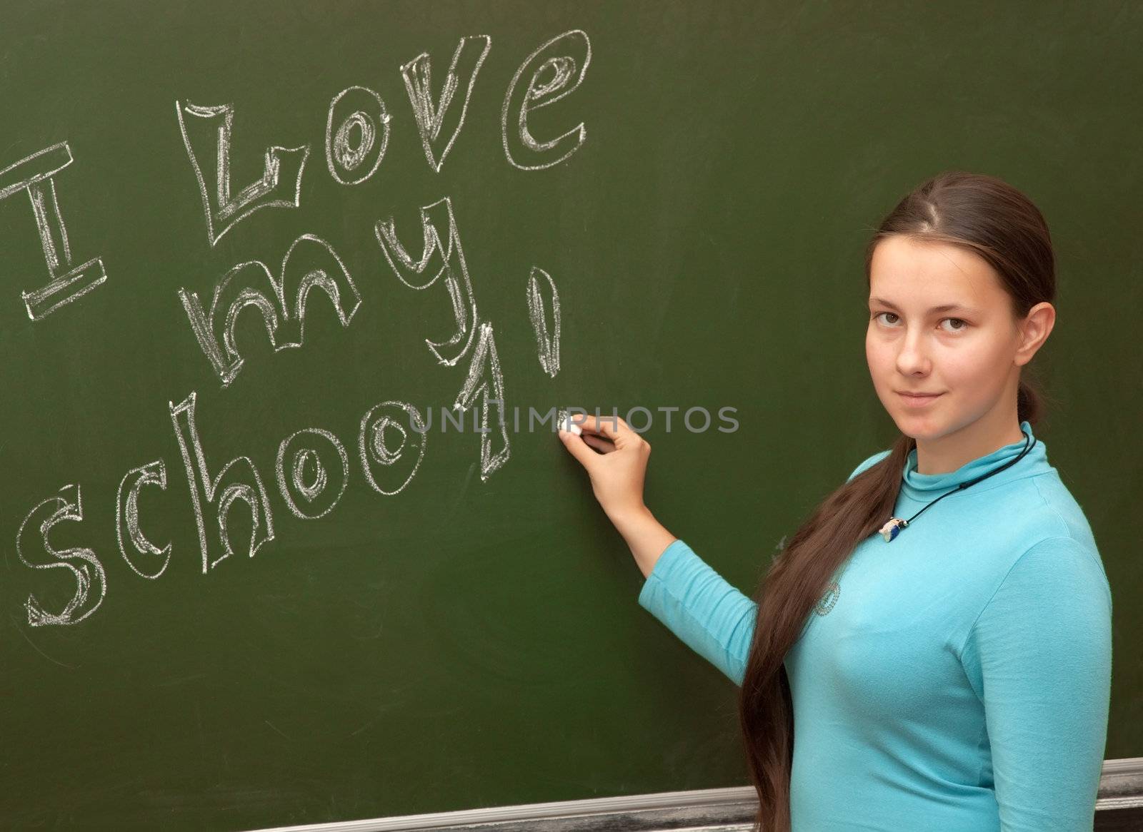 Girl schoolgirl meets an English lesson on the background of the school boards 