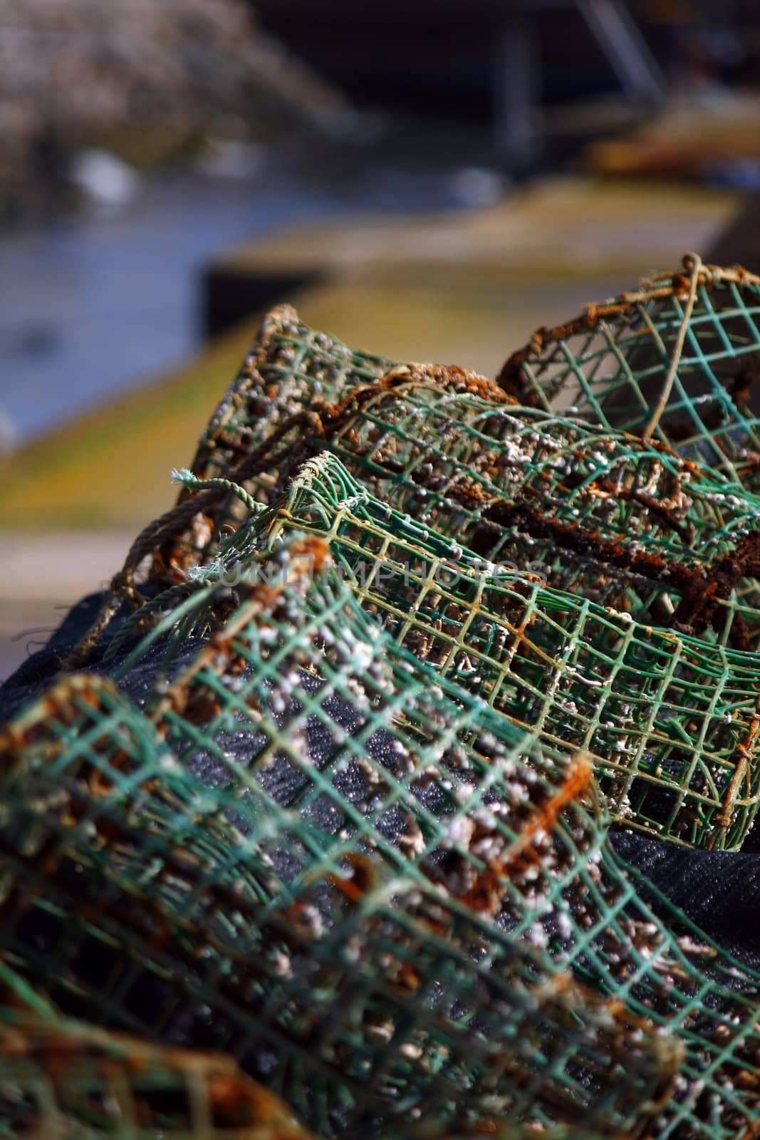 Close view of a pile of some lobster traps. 