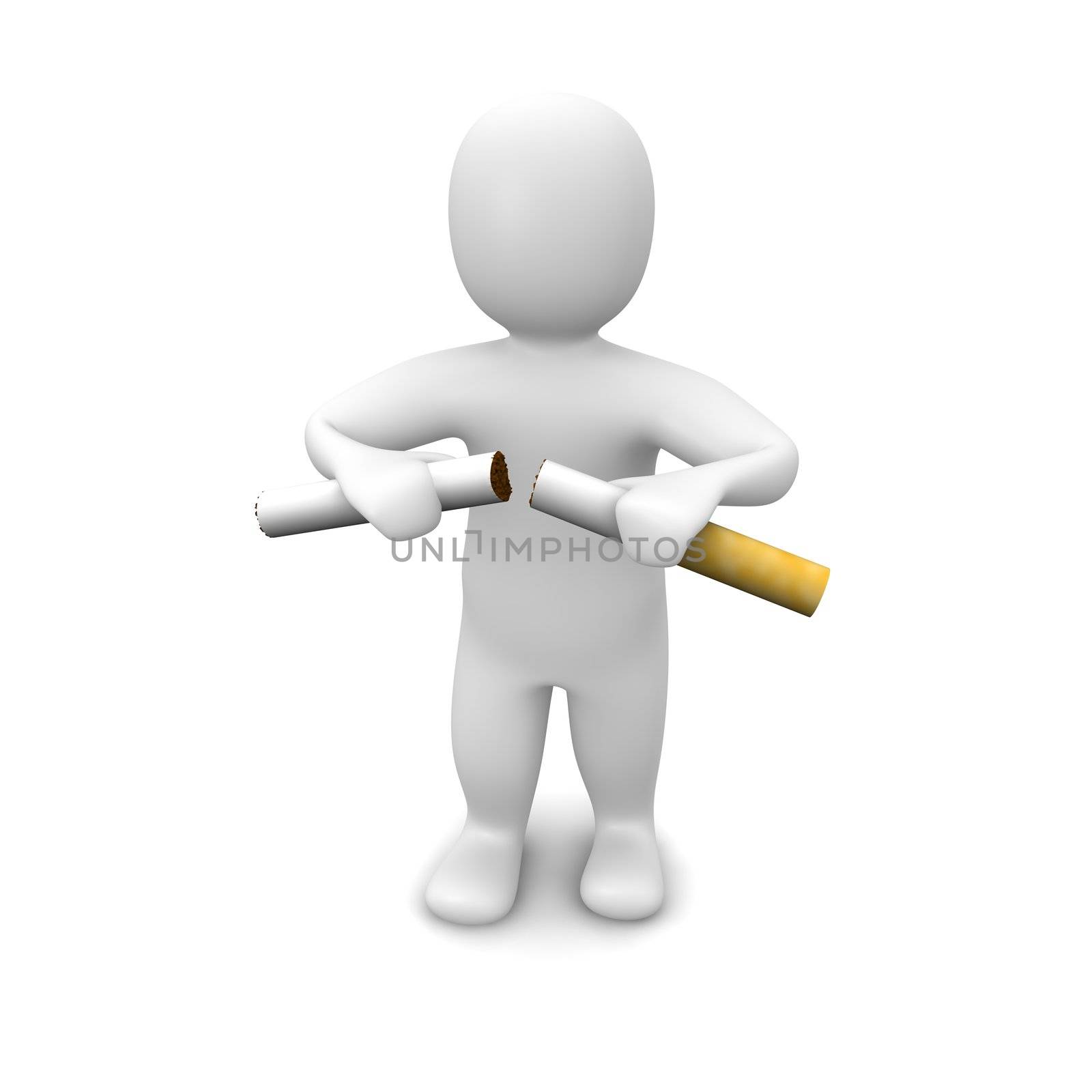 Man breaking cigarette. 3d rendered illustration. Isolated on white.