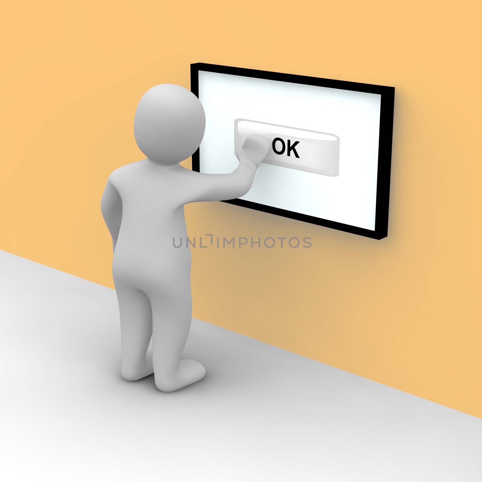 Man taps on ok button on the touch screen. 3d rendered illustration.