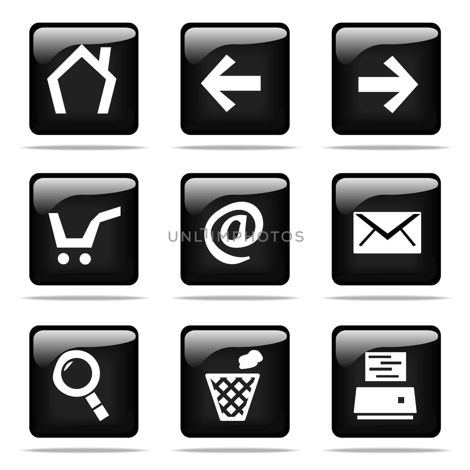 Set of glossy buttons with icons. Black and white series.