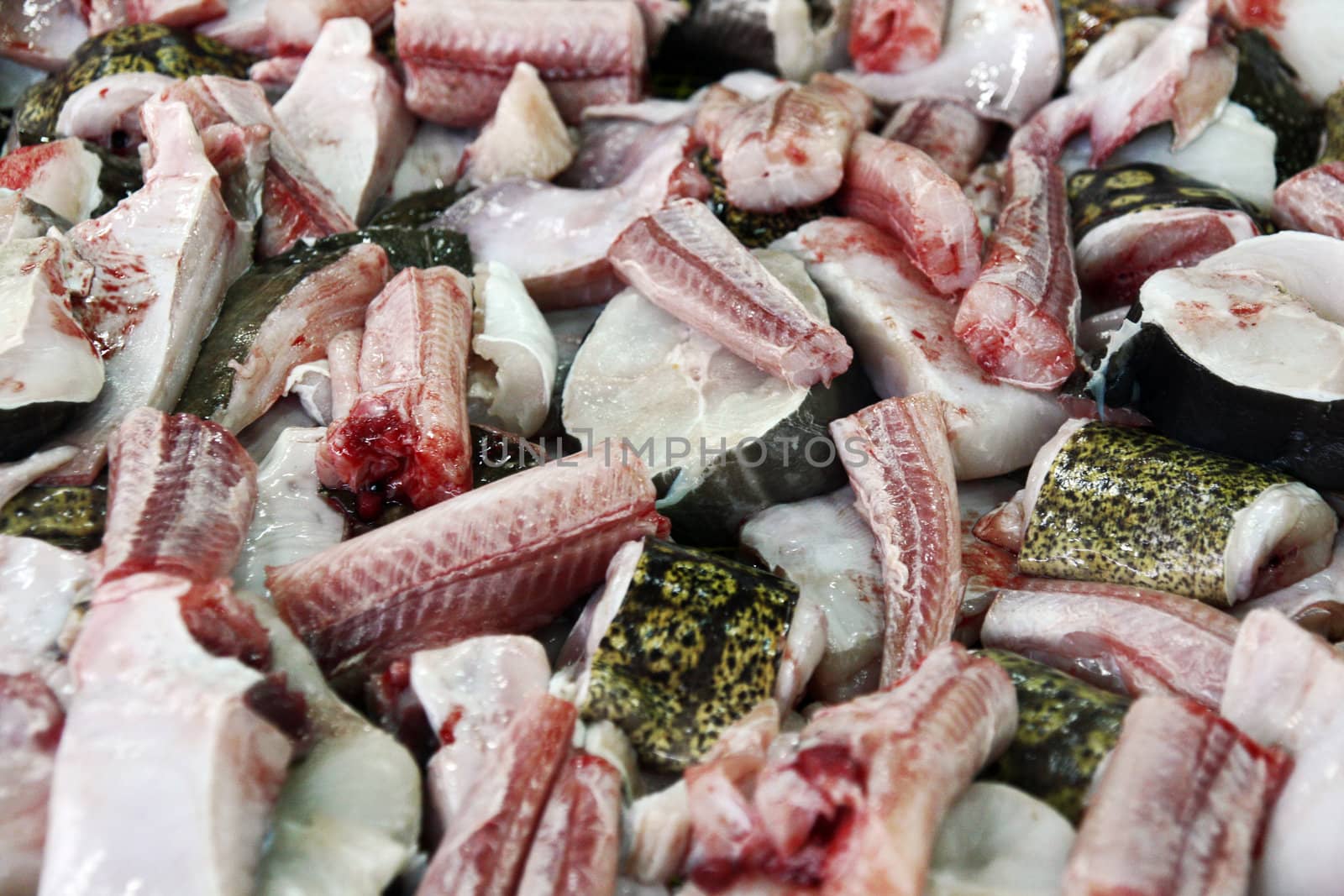 Pile of flesh stripped and sliced pieces of cat shark at the market.