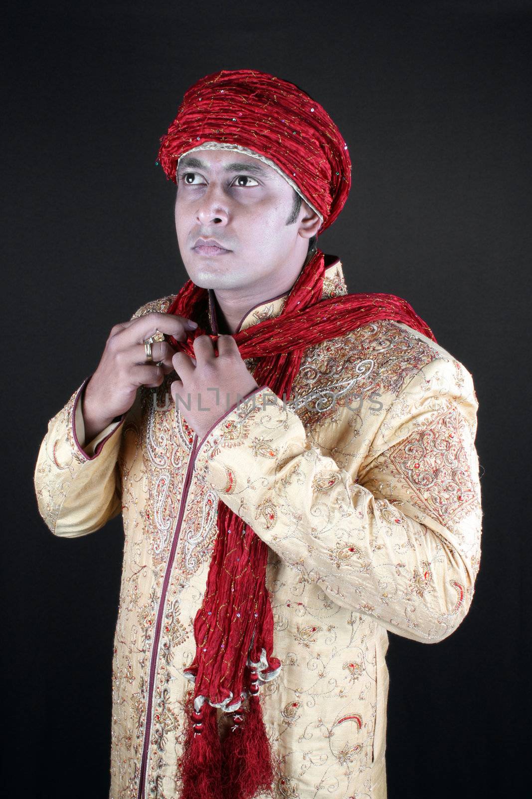 A young Indian guy wearing a traditional royal costume.