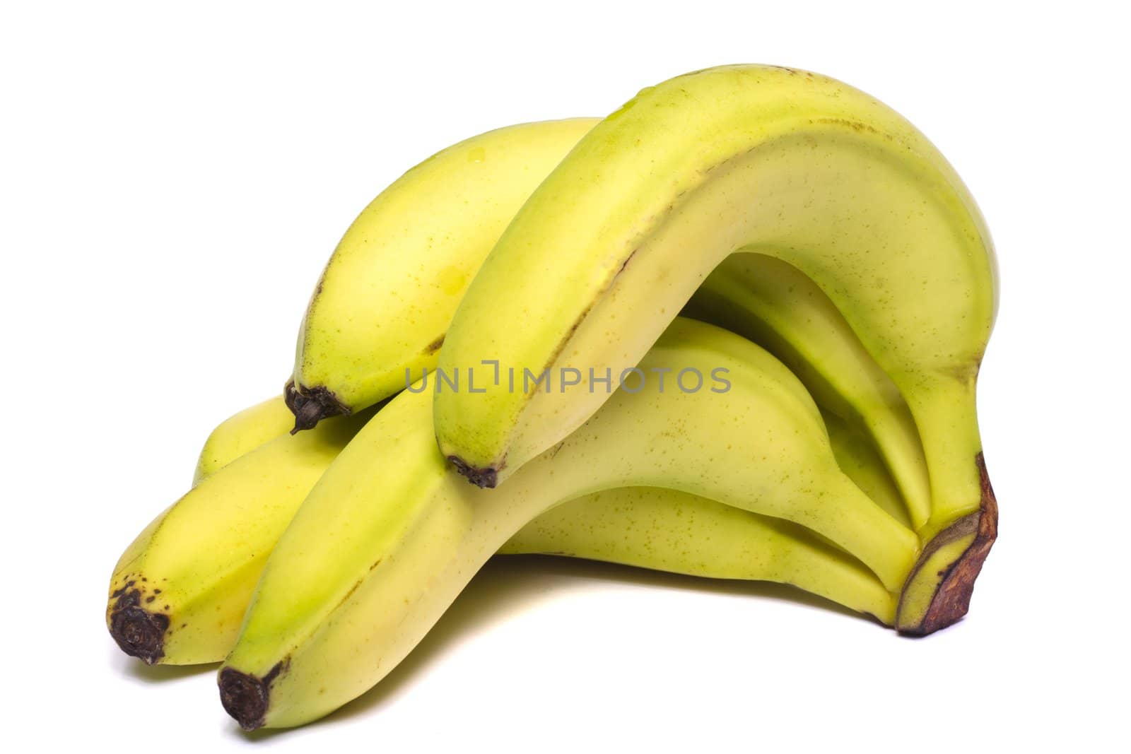 View of a bunch of bananas isolated on a white background.