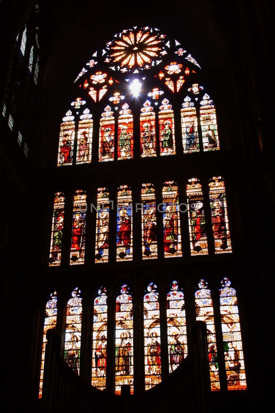 One the beautiful stained glass windows in the Metz Cathedral, Lorraine, France.