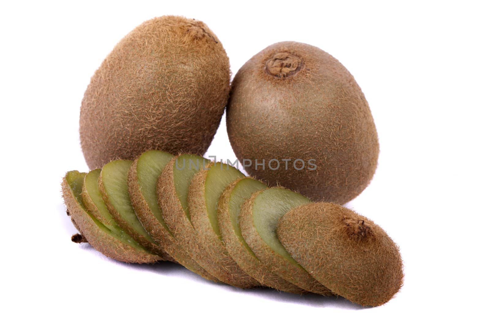 close view of a bunch of kiwi fruit isolated on a white background.