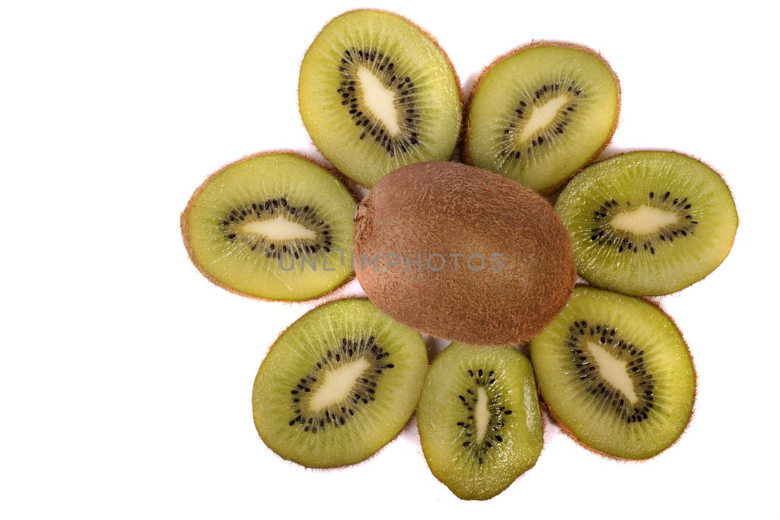 close view of a bunch of kiwi fruit isolated on a white background.