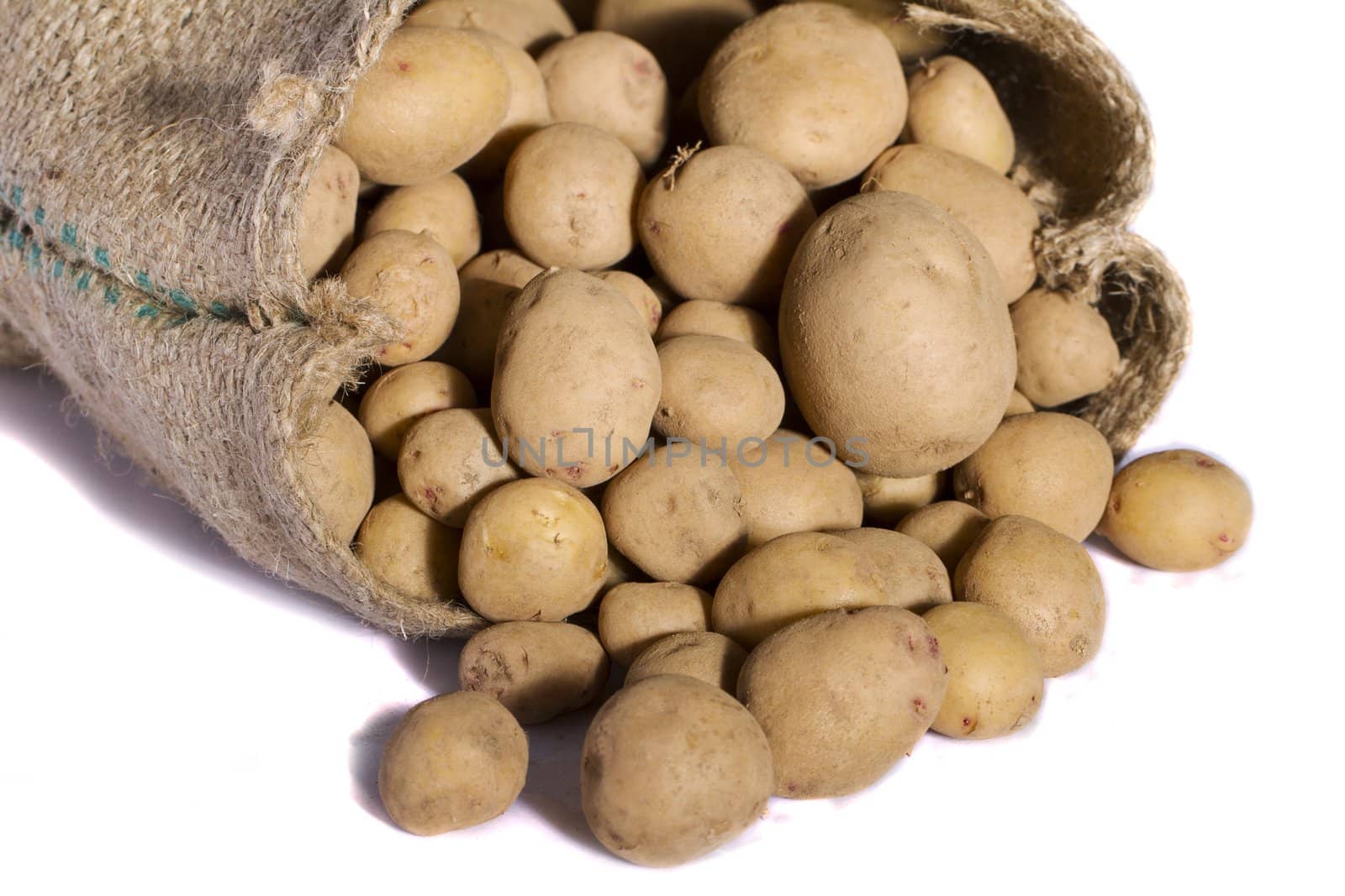 View of a sack of potatoes isolated on a white background.