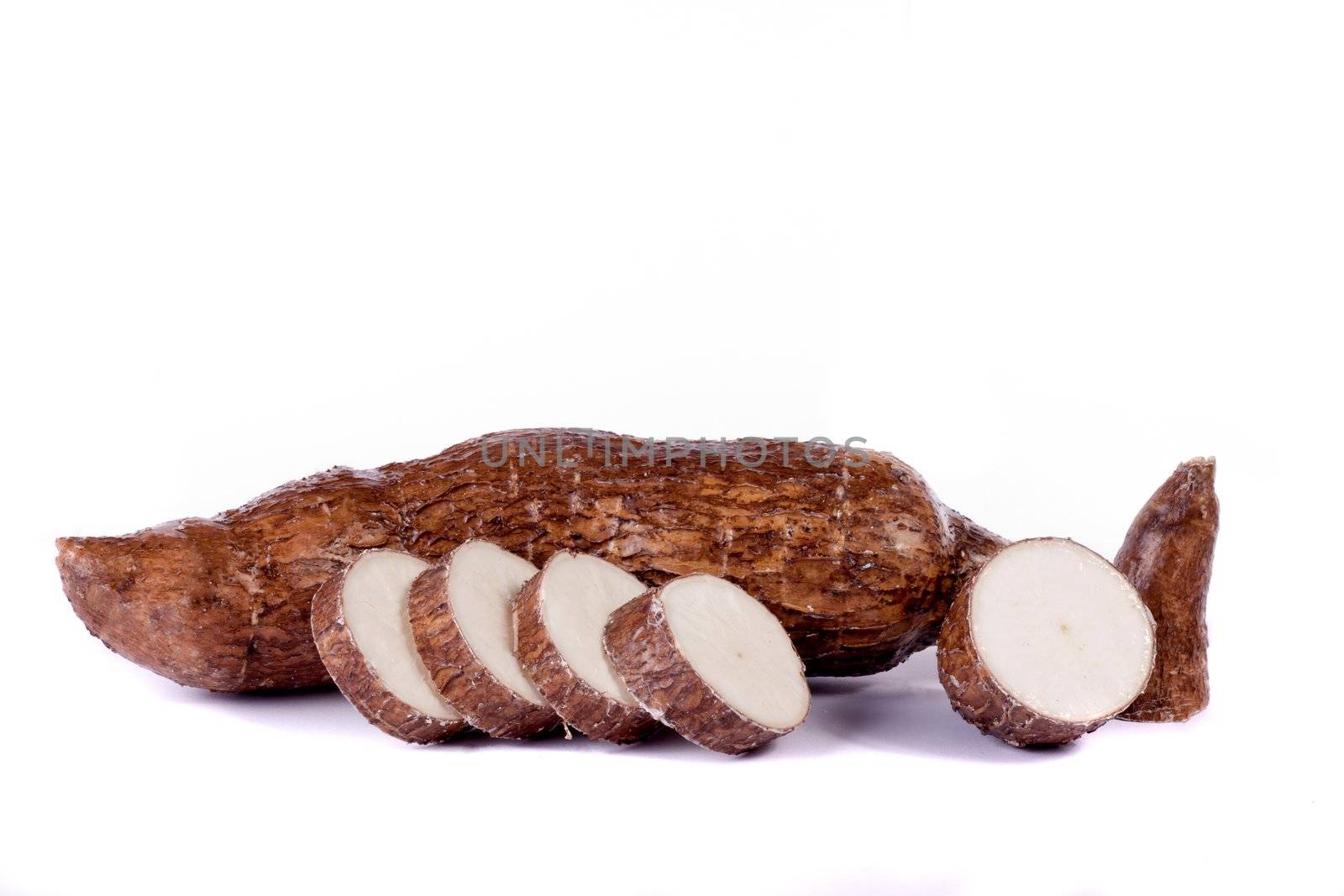 Close up view of the cassava root isolated on a white background.