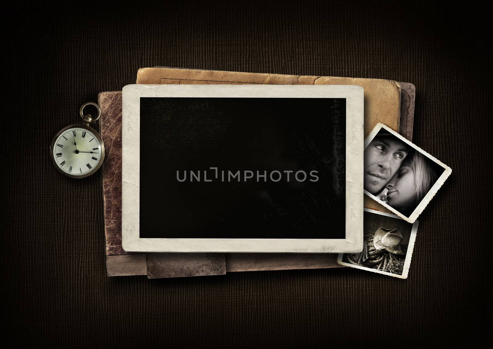 Old vintage photo with a dark brown corduroy background