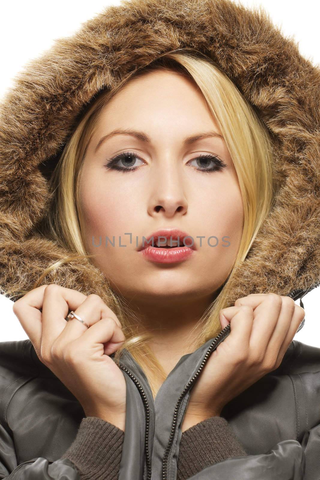 beautiful blonde woman wearing a parka with fur by RobStark