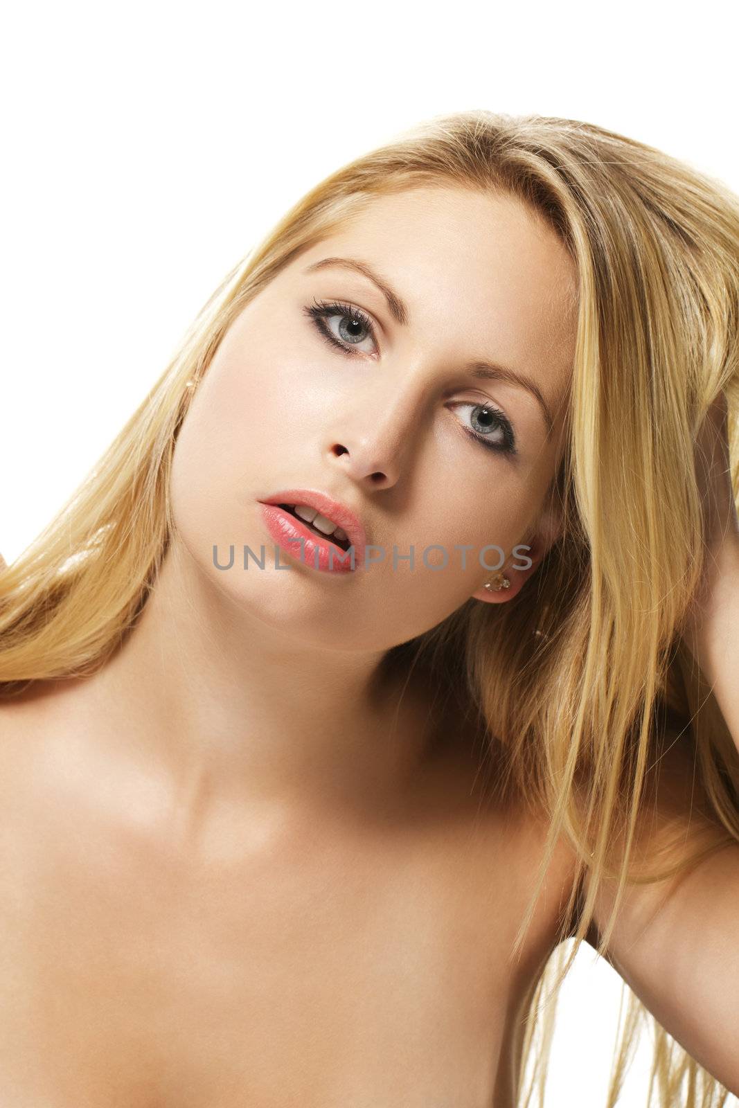 portrait of a glamorous beautiful blonde woman bending her head on white background