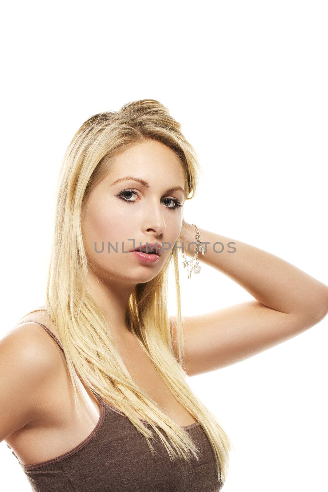 portrait of a beautiful blonde woman on white background