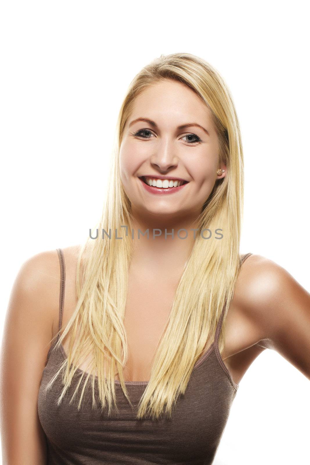 portrait of a happy beautiful blonde woman on white background