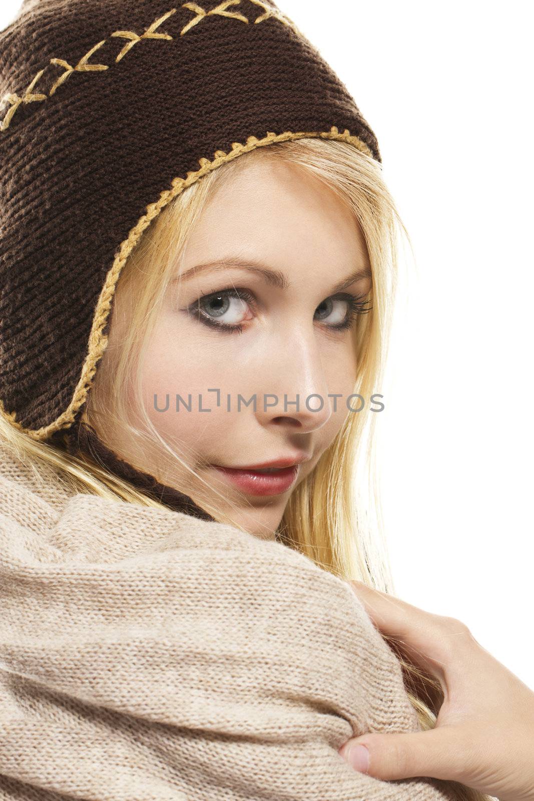 sweet beautiful blonde woman wearing winter fashion on white background