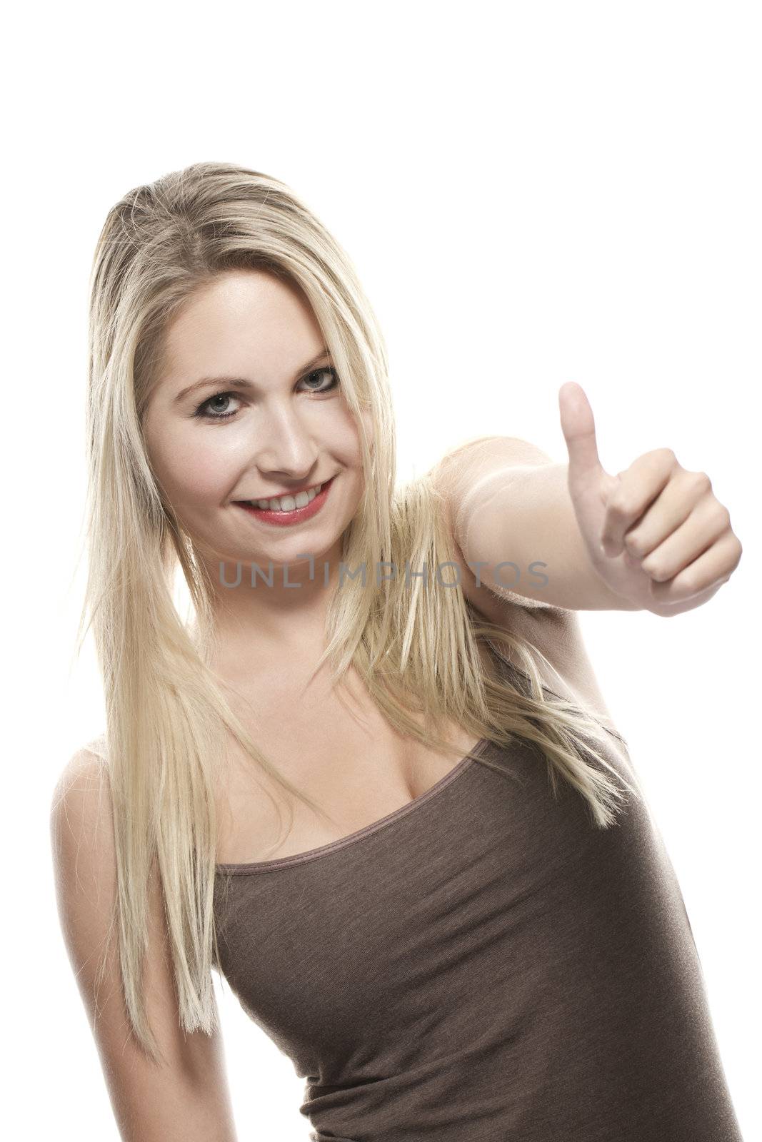 beautiful blonde woman showing thumbs up on white background