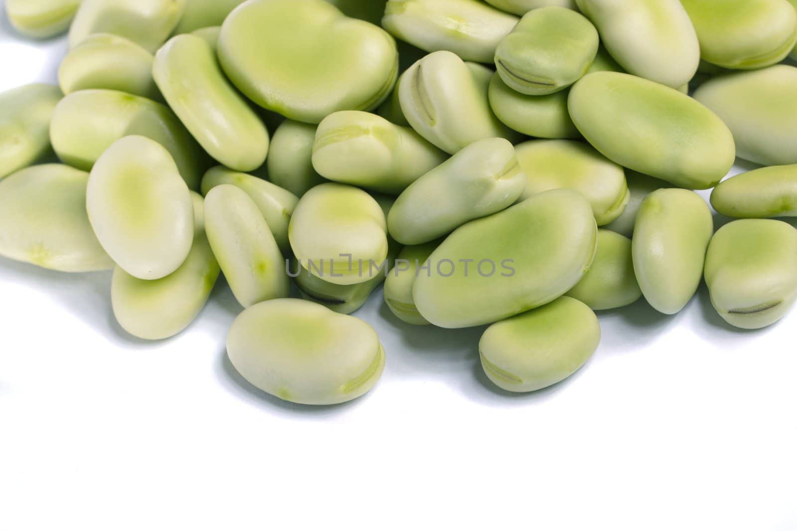 Close up view of some broad beans isolated on a white background.