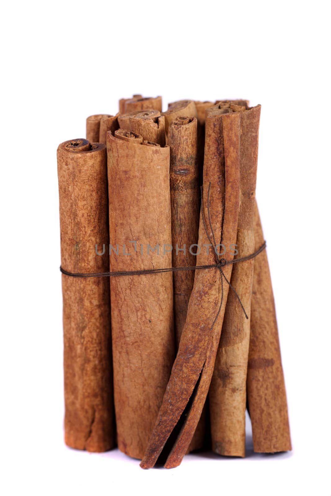View of a bunch of cinnamon spice quills isolated on a white background.