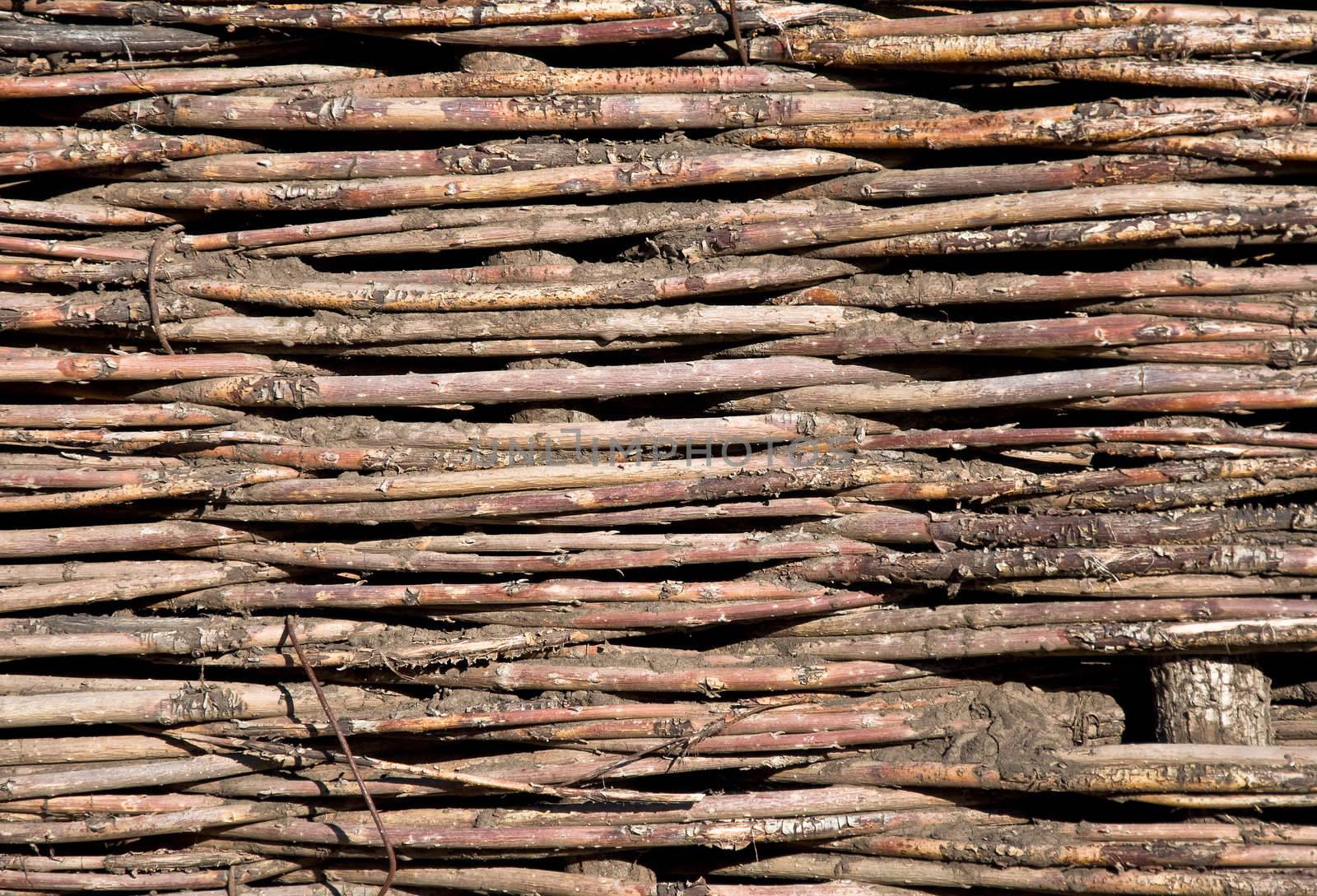 Texture of woven wood. Fencing. Close-up, front.