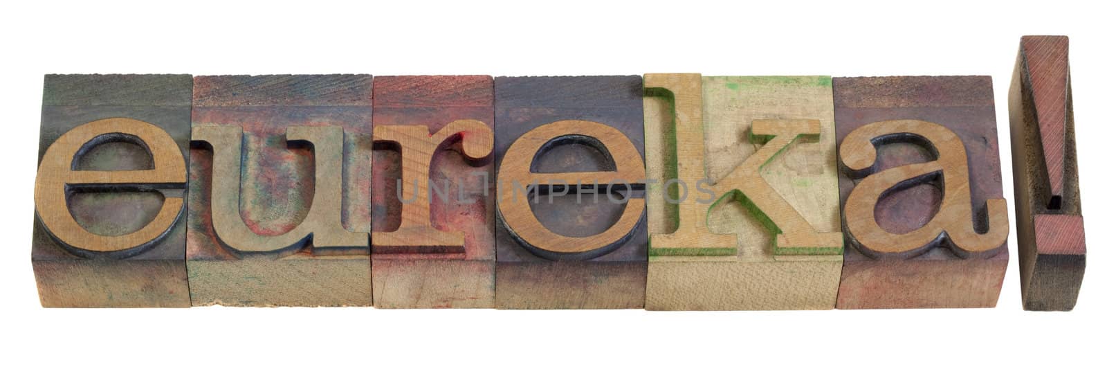 eureka - discovery or illumination concept, famous exclamation attributed to Archimedes -  vintage wooden letterpress printing blocks, stained by color inks, isolated on white