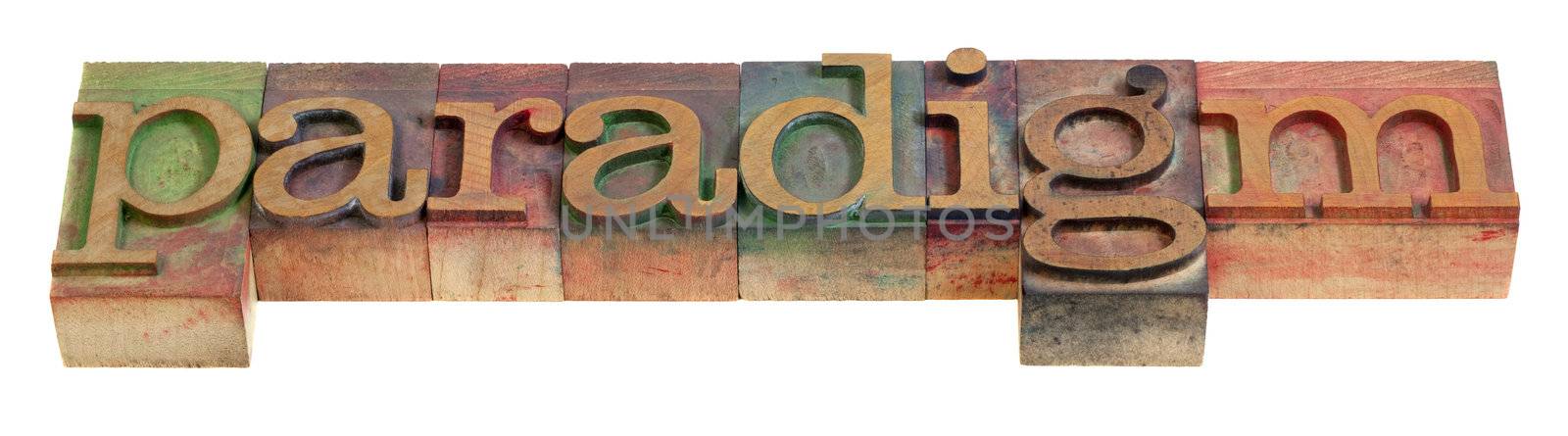 paradigm - a word in vintage wooden letterpress prinitng blocks, isolated on white