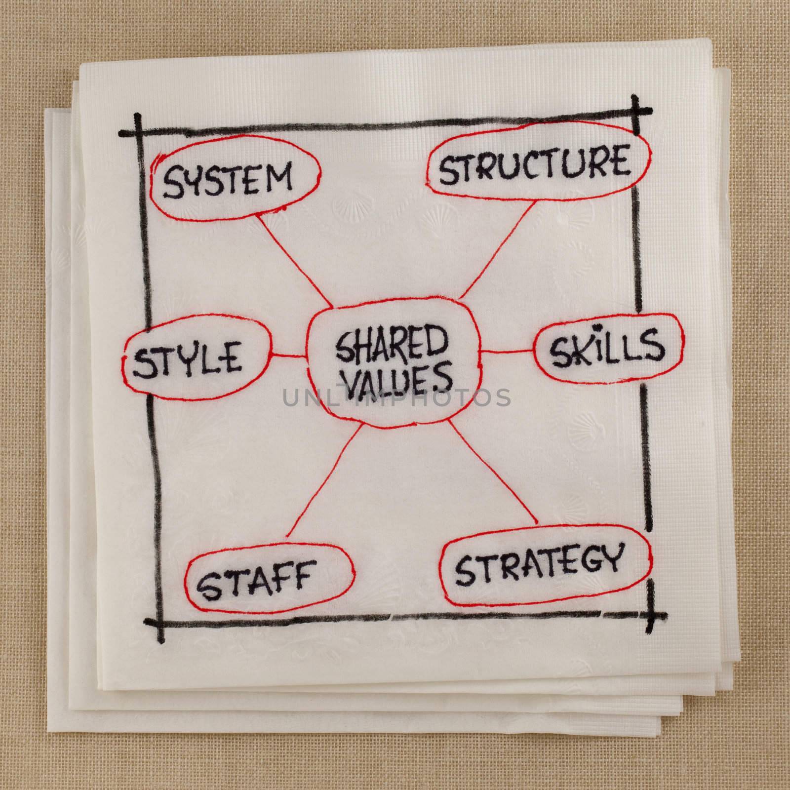 7S model for organizational culture, analysis and development (skills, staff, strategy, systems, structure, style, shared values) - napkin sketch