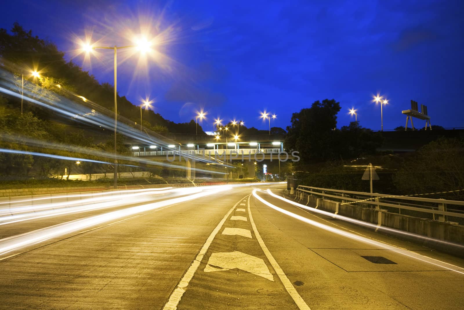 Modern Urban City with Freeway Traffic at Night, hong kong 