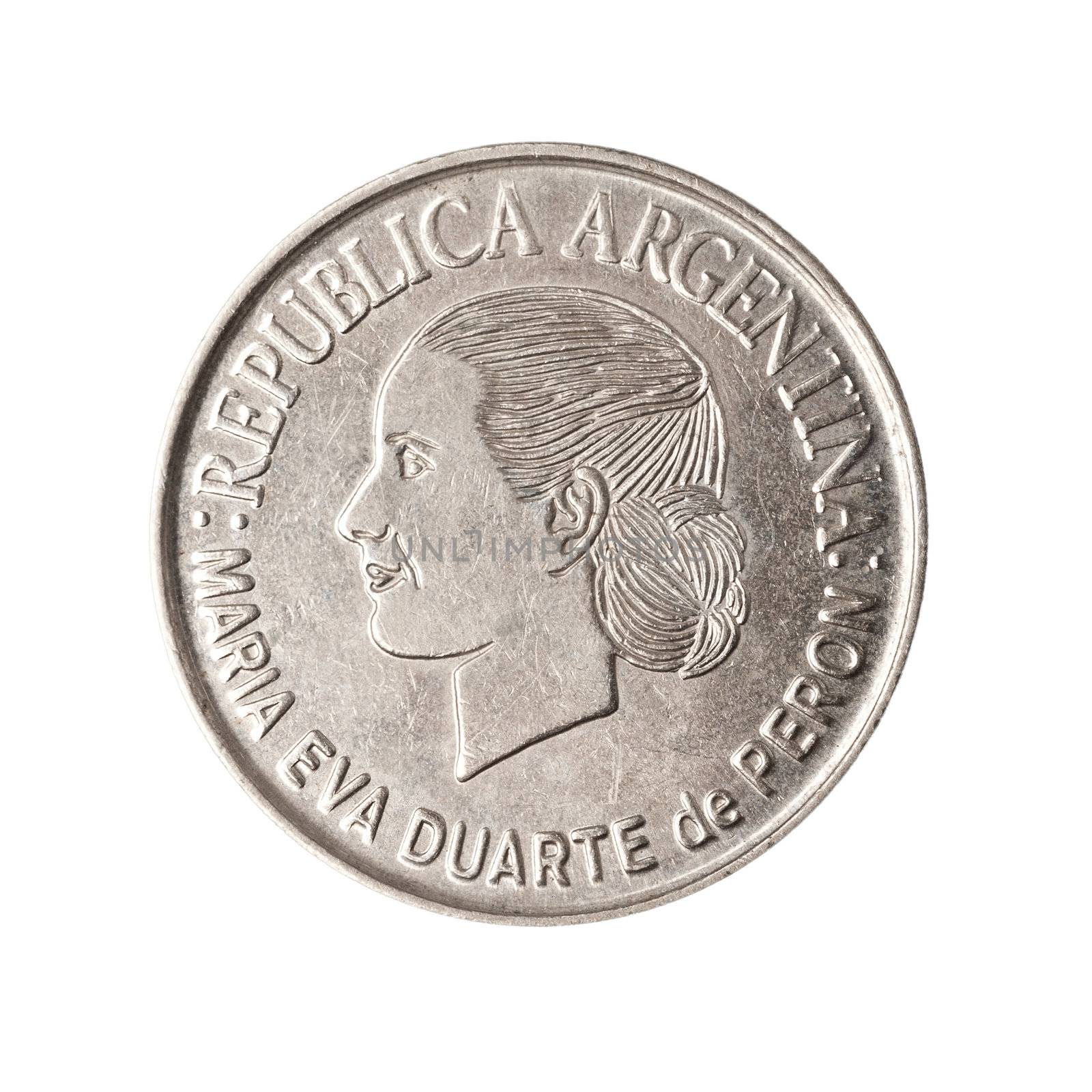 Coin from argentina, showing the face of famous political leader Eva Peron, AKA Evita. Clipping path supplied.