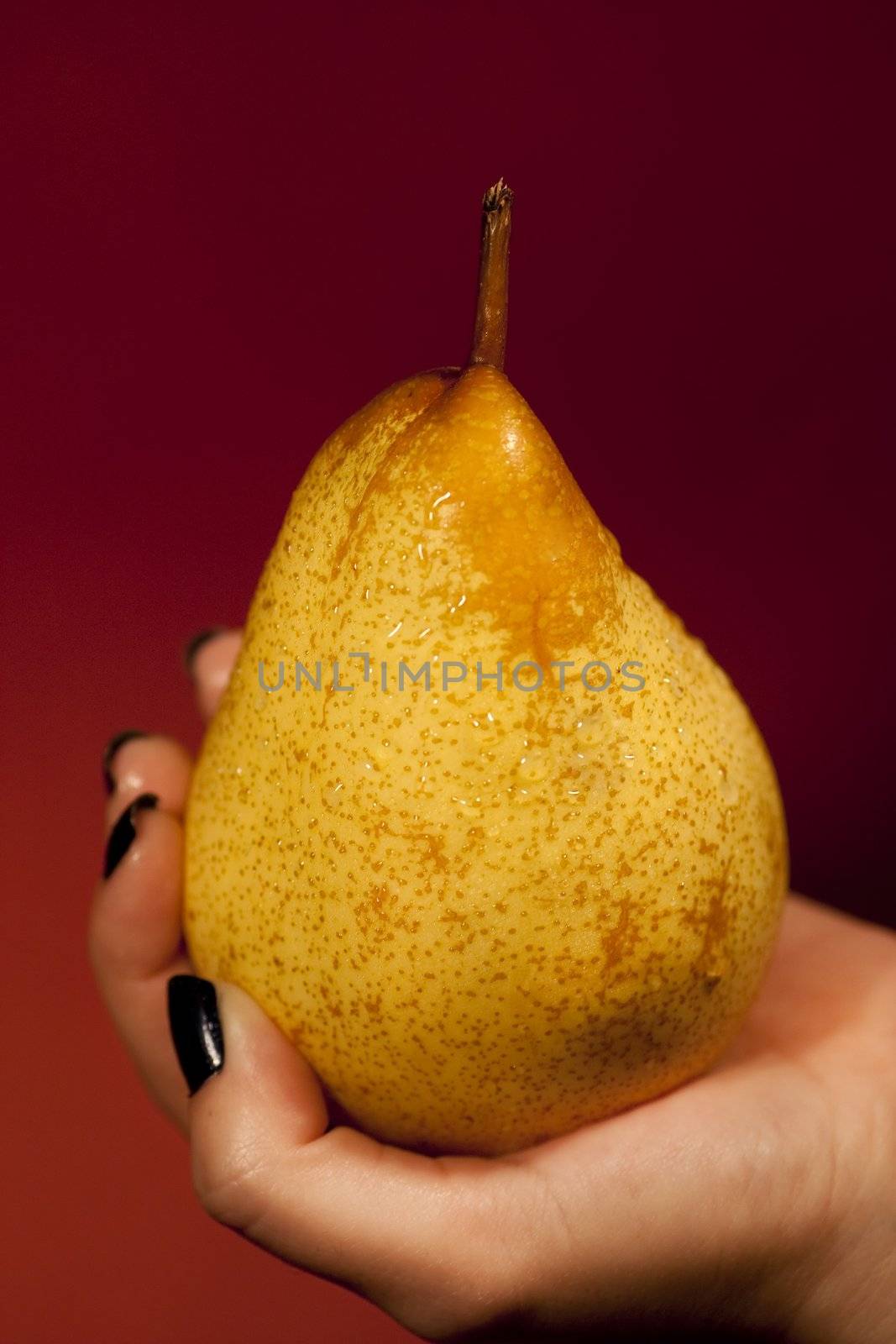 View of a woman's hand holding a wet pear.