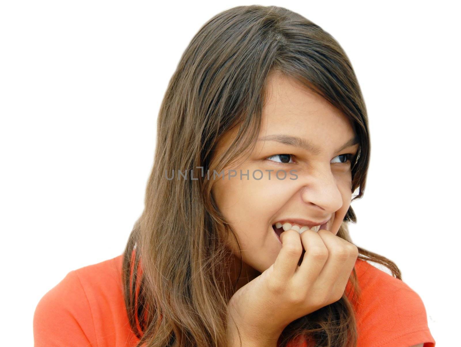 portrait of upset long-haired caucasian teenage girl isolated over white background