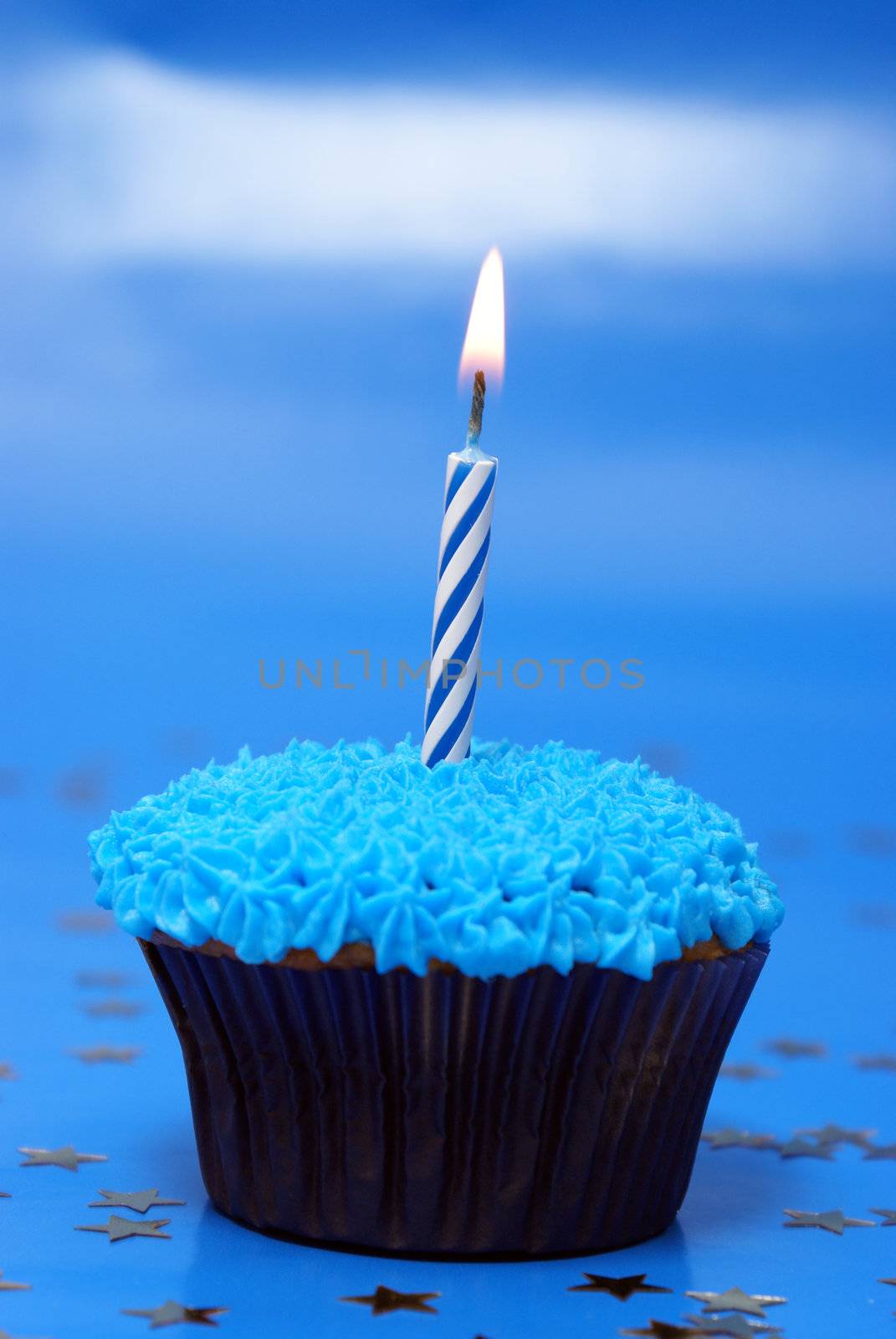 A lit candle inserted in a frosted cupcake for someone to make that special wish they want to come true.