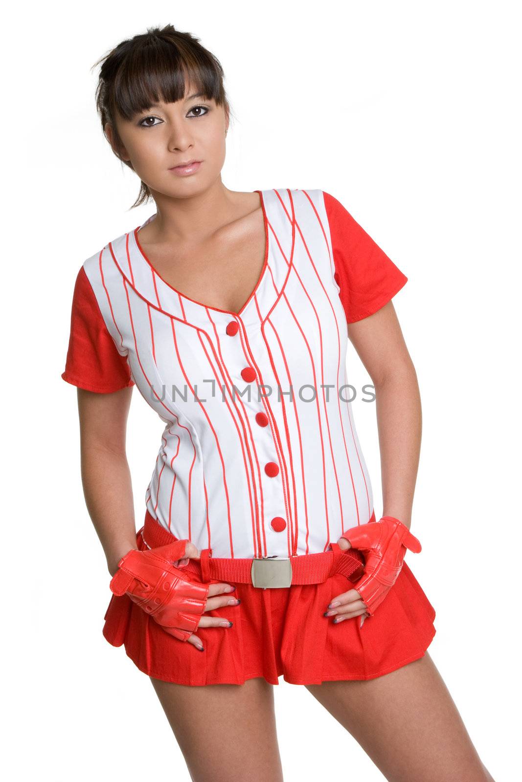 Pretty woman wearing baseball uniform