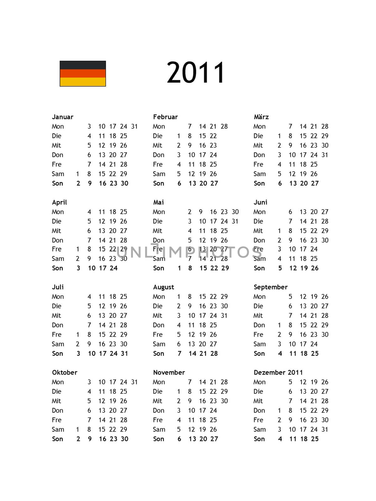 German calendar of year 2011 - black text on white background