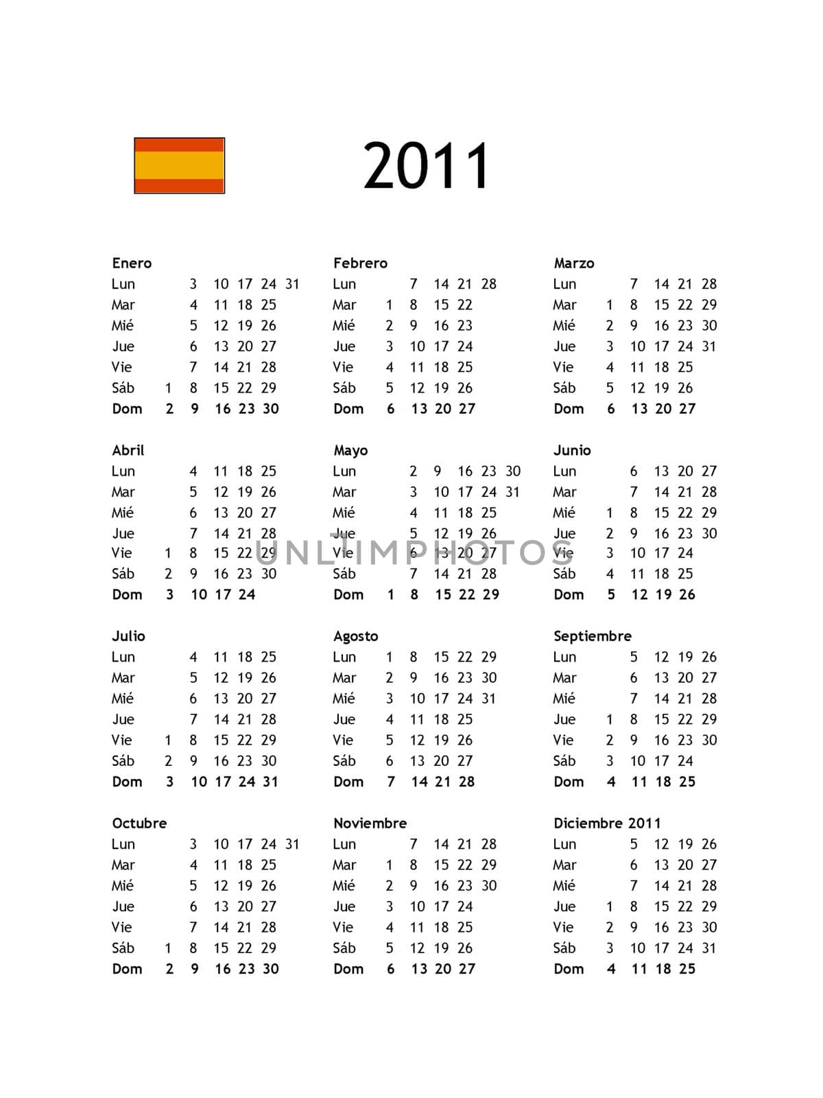 Spanish calendar of year 2011 - black text on white background