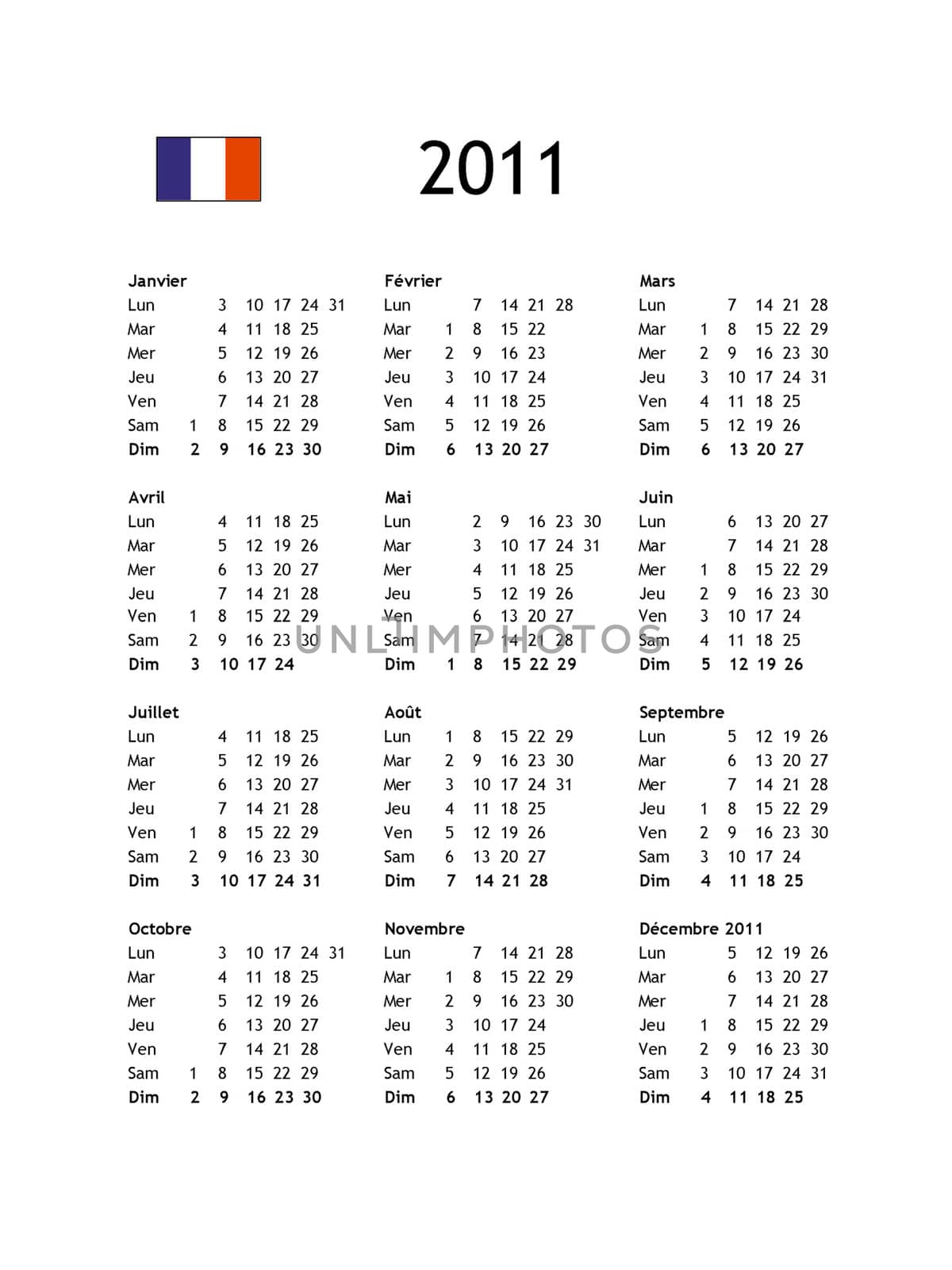 French calendar of year 2011 - black text on white background