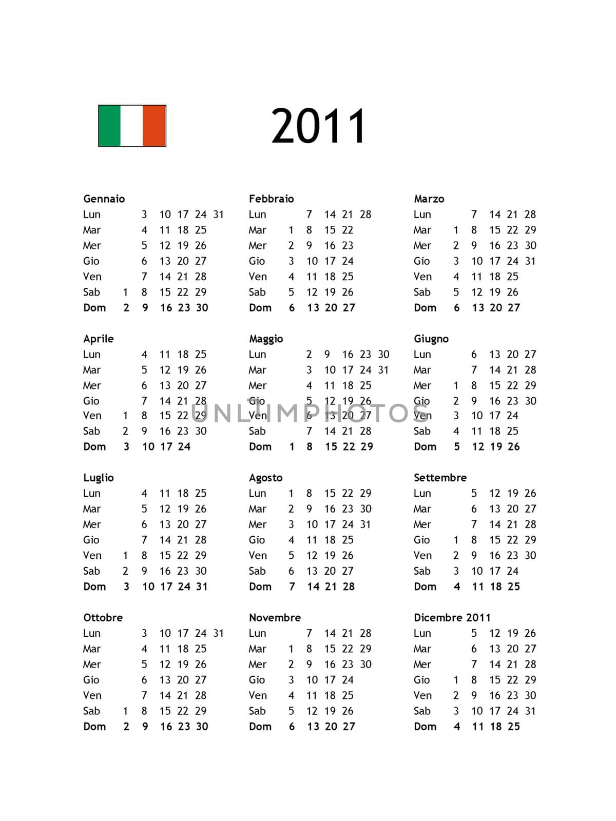 Italian calendar of year 2011 - black text on white background