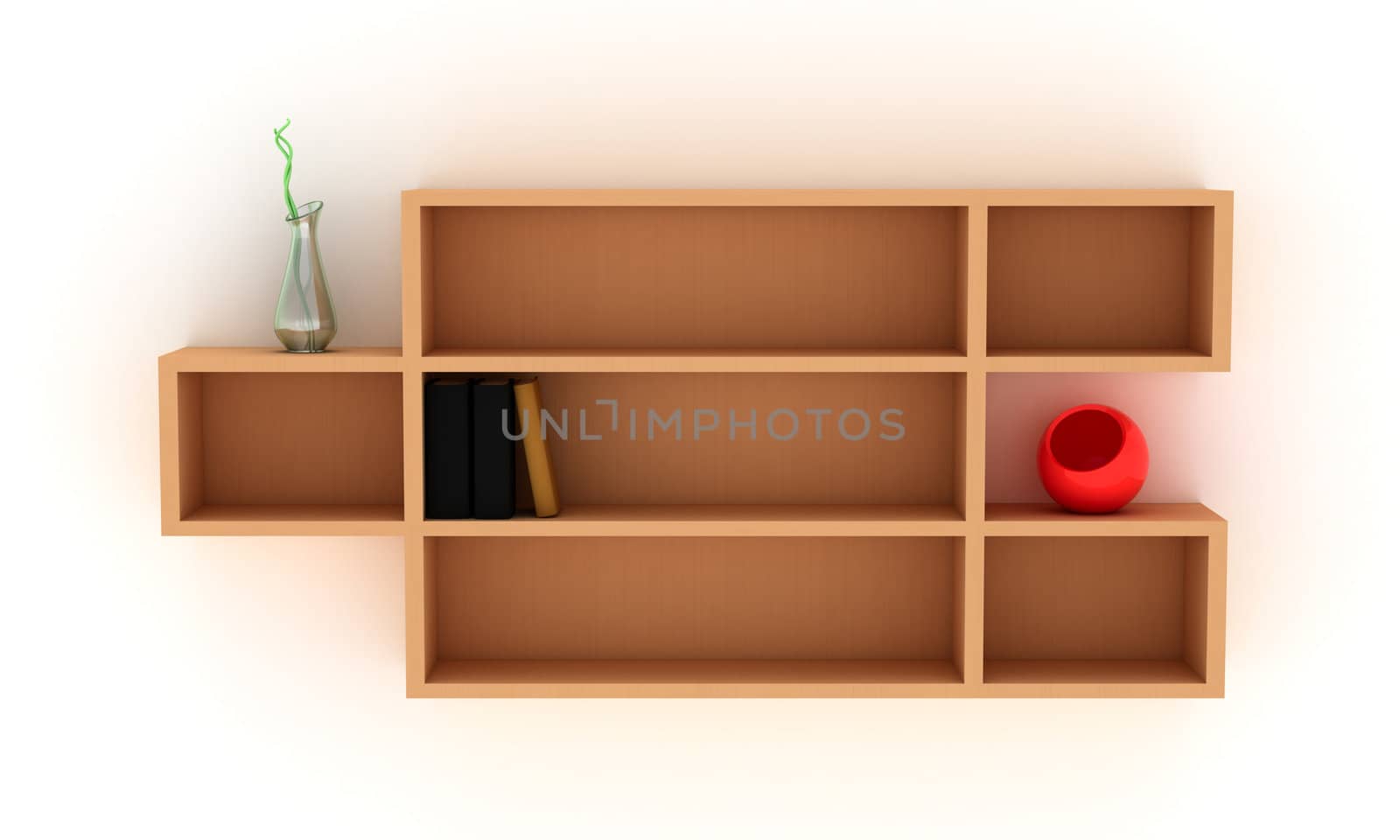 Wooden shelves with books and modern vases