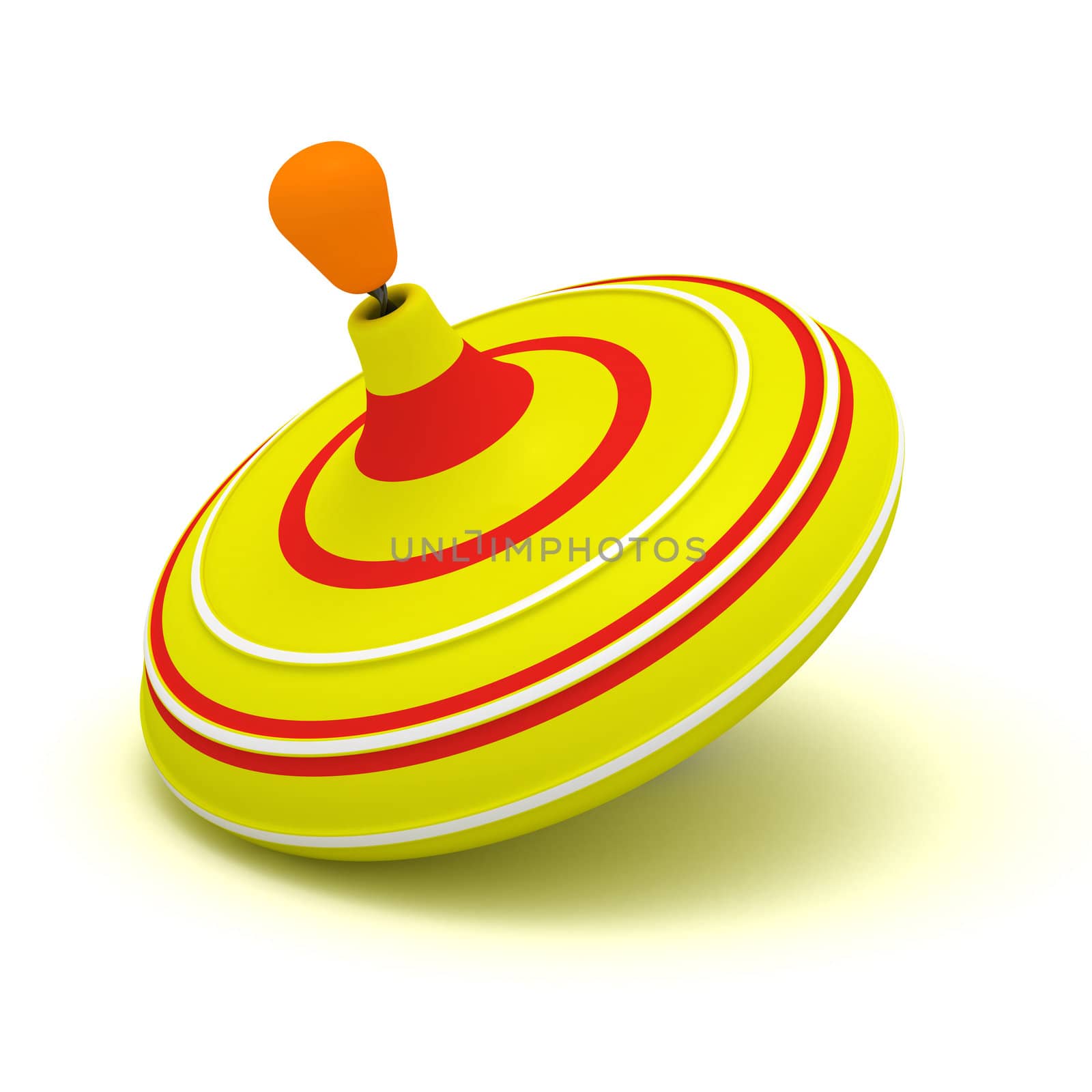 Yellow humming top with red and white circles